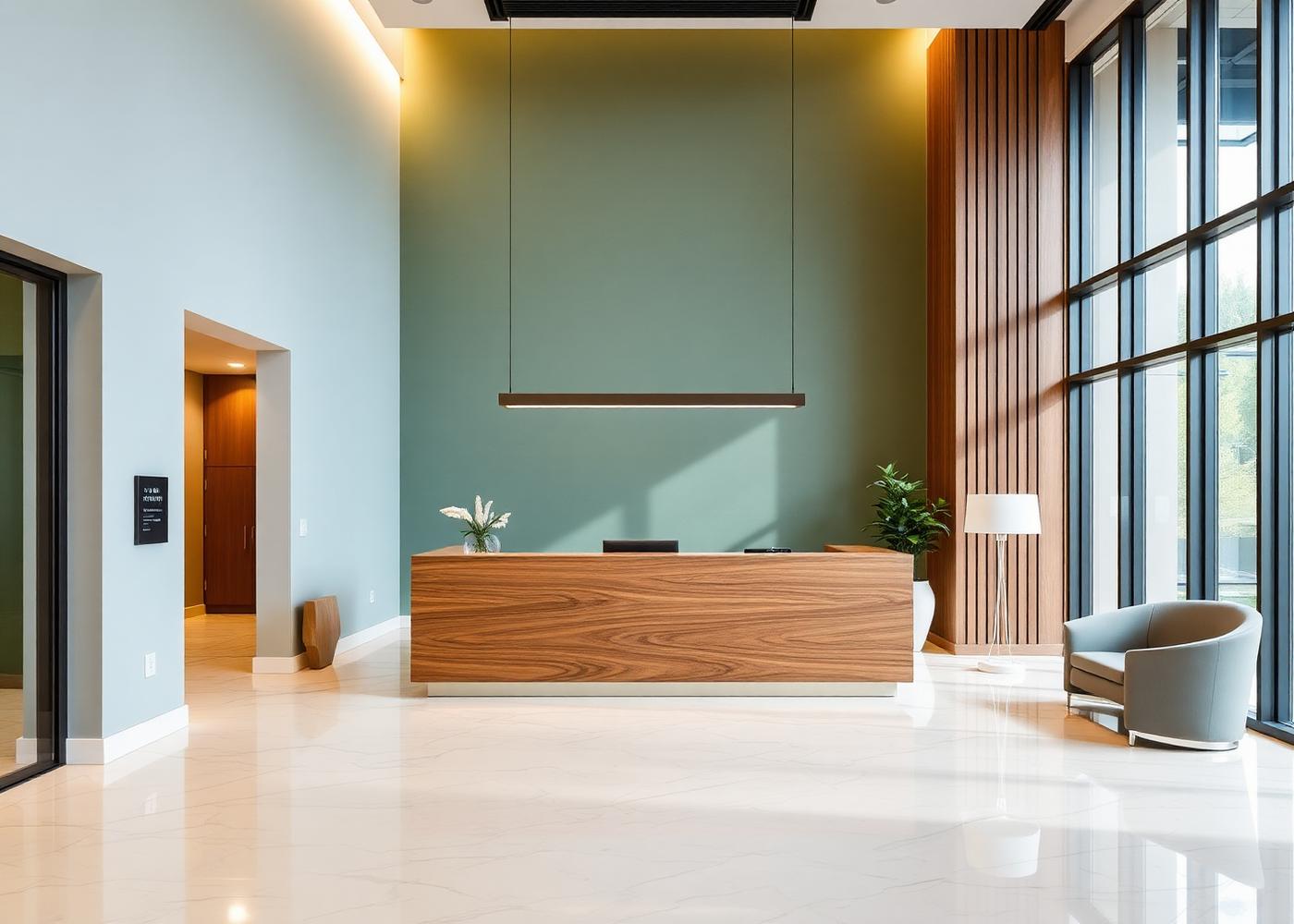 Modern office reception with sage accent wall, immaculately clean