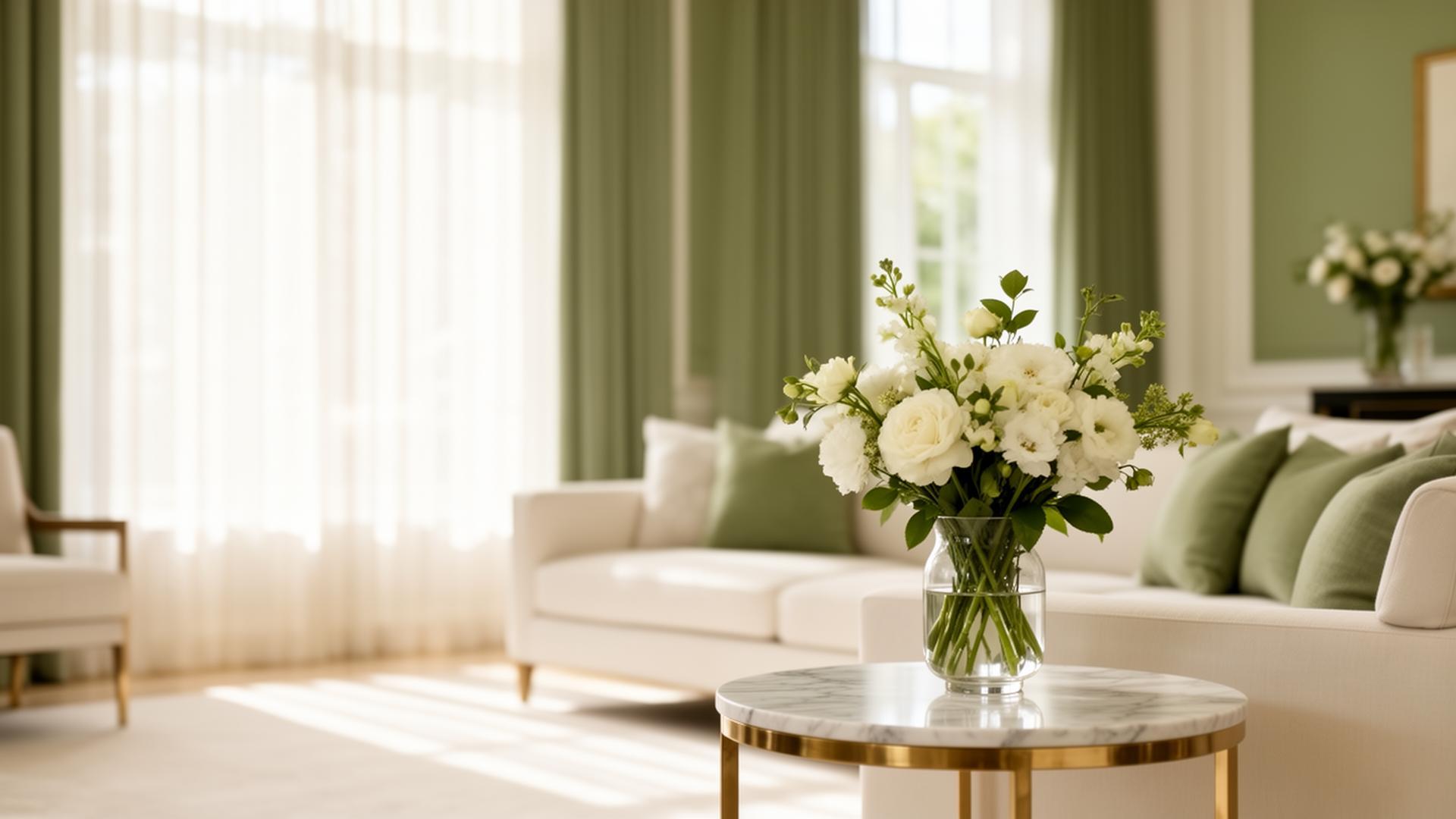 Sunlit living room with sage curtains and white roses on a marble side table